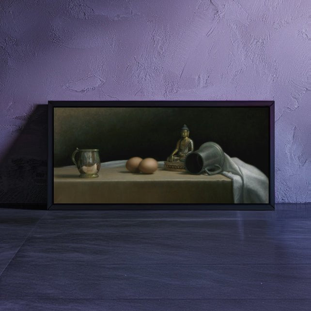Original Dutch Masters inspired oil painting for sale: "Still Life with Eggs and Buddha" by Marcus Callum ArtistOriginal Painting: "Still Life with Eggs and Buddha" (Available)
